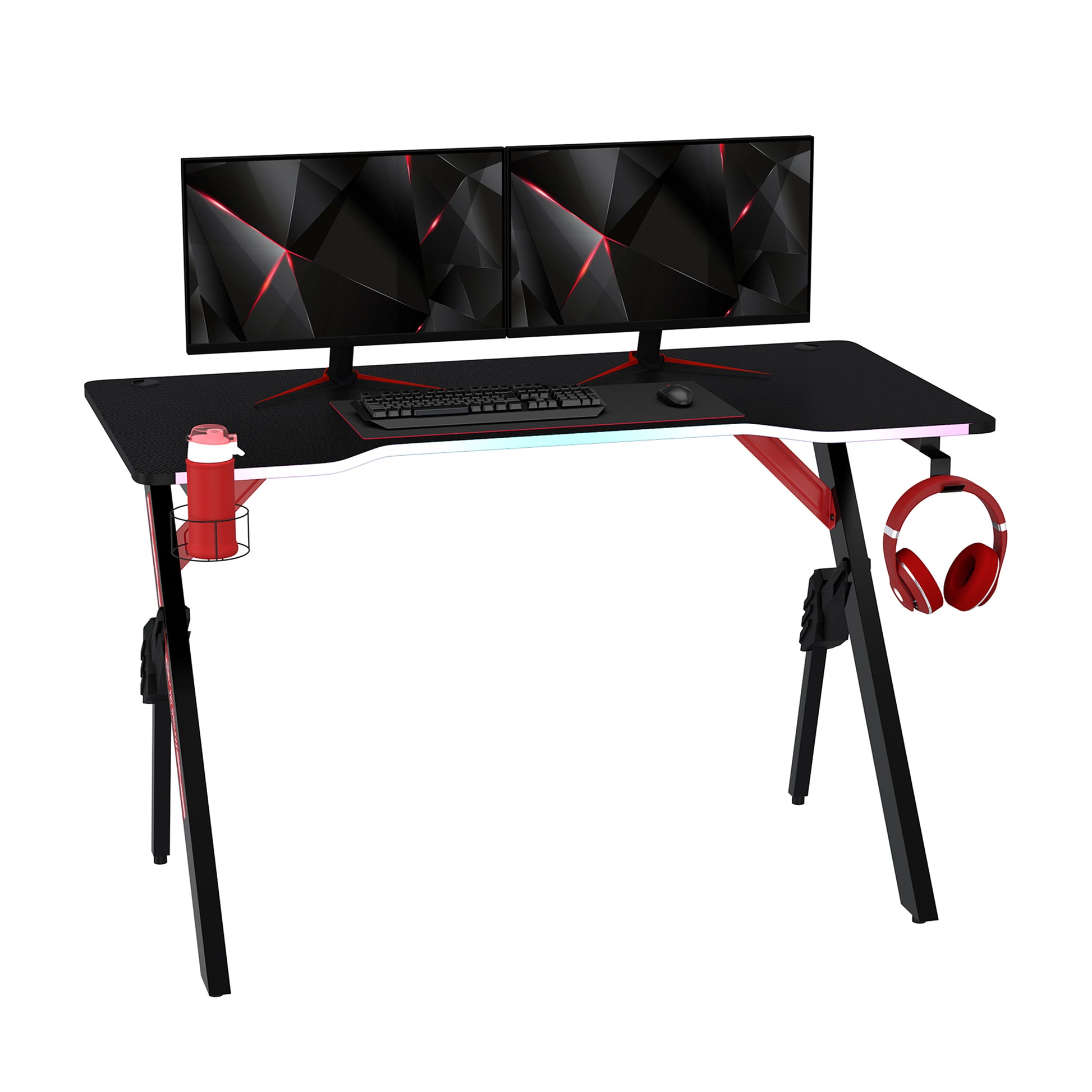 HOMCOM RGB Illuminated Gaming Desk - 1.2m Racing Style Computer Table with Cup Holder and Headphone Hook - Black Steel Frame - ALL4U RETAILER LTD