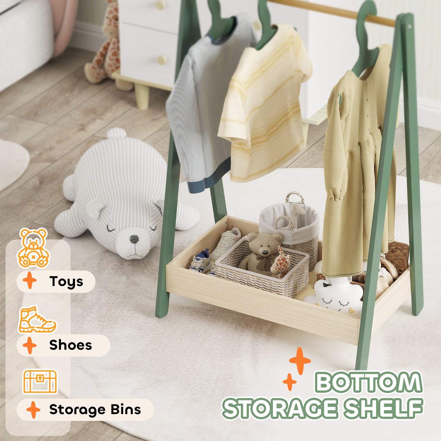 AIYAPLAY Kids Clothes Rail With Three Hangers And Bottom Storage Shelf For Girls And Boys Nursery Bedroom Green