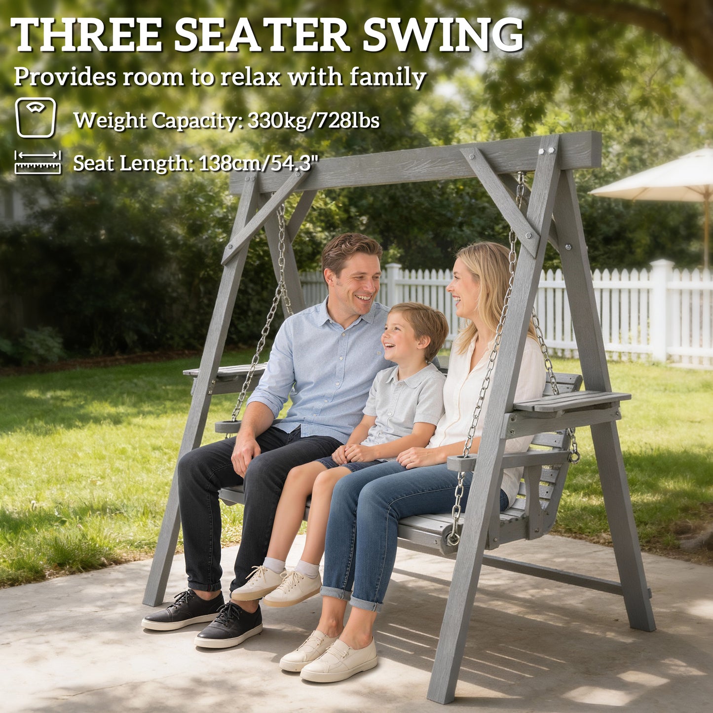 Outsunny Three Seater Wooden Swing Bench With Side Tables Outdoor Garden Furniture In Dark Grey