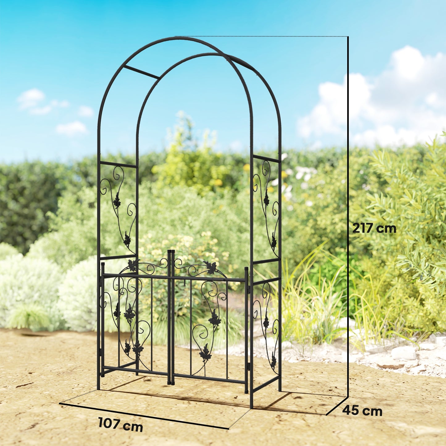 Outsunny 2.17m Steel Garden Arch With Gate Wedding Arch For Outdoor Garden 107W x 45D x 217H CM Black