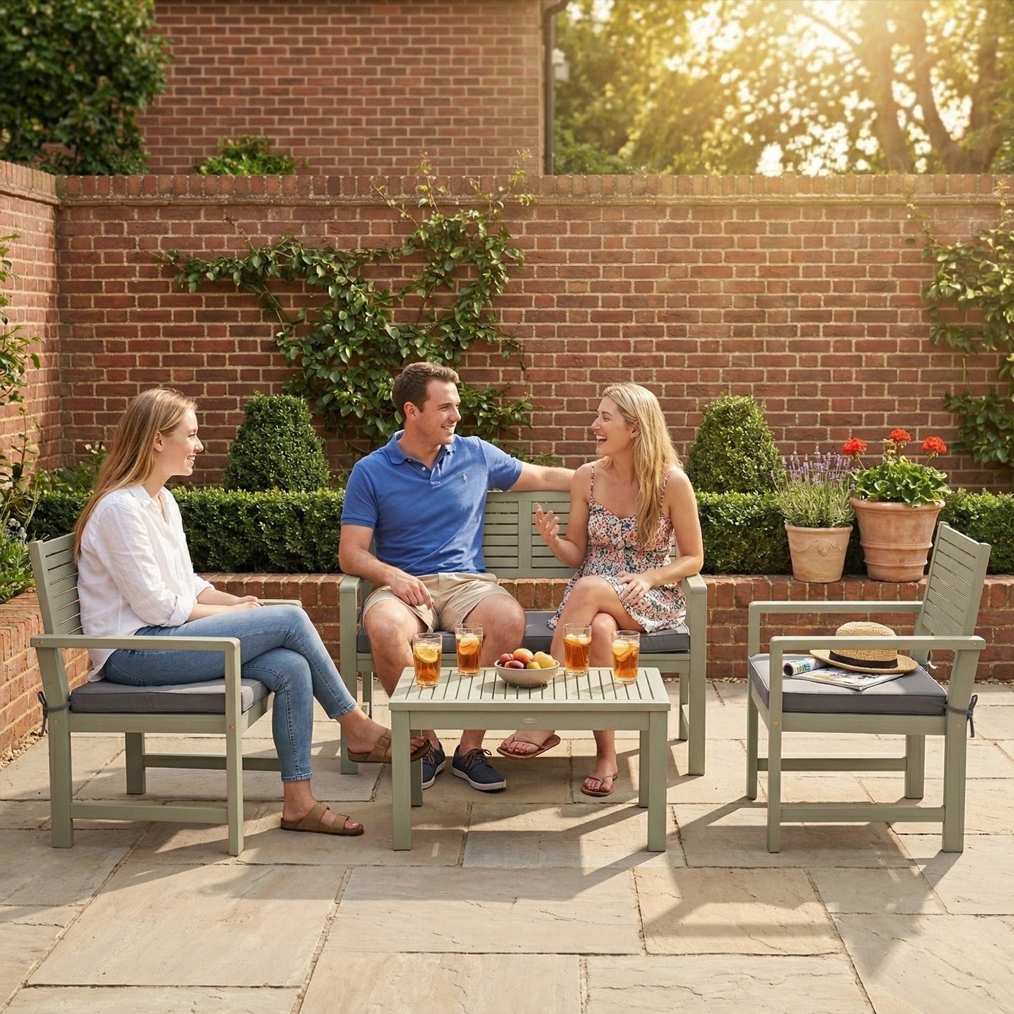 Outsunny 4 Piece Outdoor Wooden Garden Furniture Set Acacia Wood Loveseat Armchairs Table Light Grey Cushions