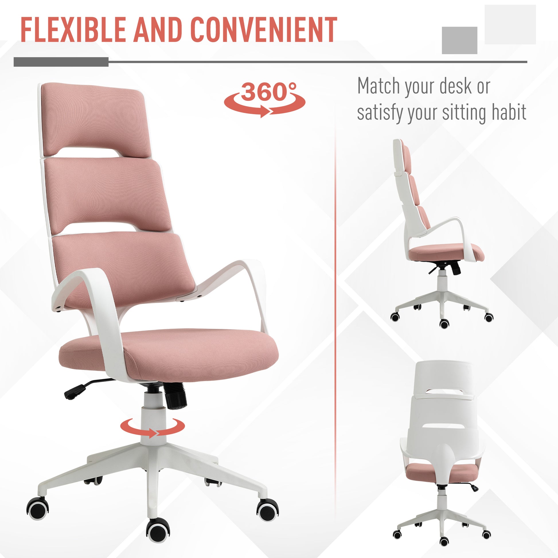 Vinsetto Stylish Ergonomic High Back Office Chair in Pink - 360° Swivel with Foam Padding and Wide Armrests - ALL4U RETAILER LTD