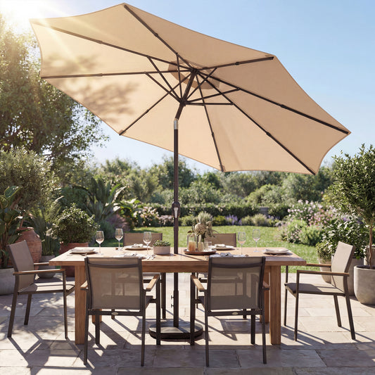 Outsunny 2.7m Garden Parasol Umbrella With Cross Base And Sandbag Retractable Ribs Outdoor Table Market Umbrella Khaki