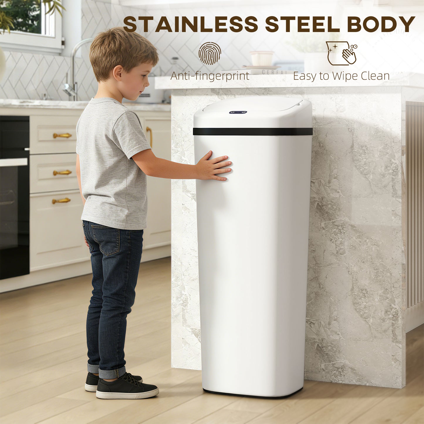 HOMCOM 50L Stainless Steel Sensor Kitchen Bin With Auto Lid And Manual Override White