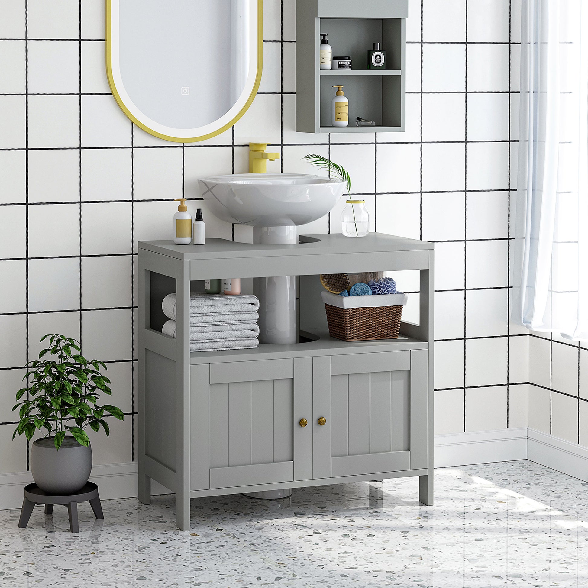 Kleankin Light Grey Modern Under Sink Bathroom Storage Cabinet with Shelves and Double Doors - ALL4U RETAILER LTD