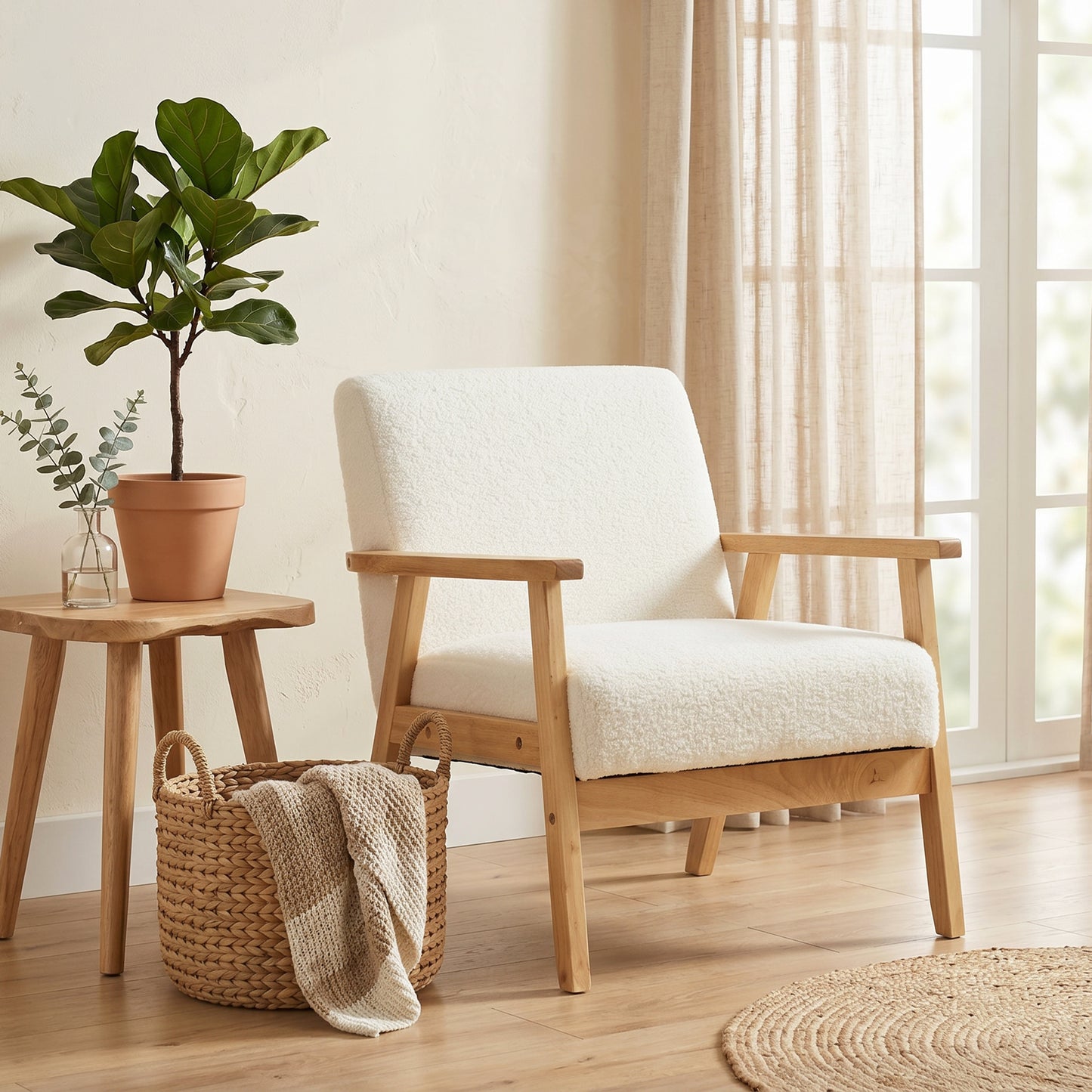HOMCOM Modern Armchair Sherpa Fleece Upholstered Accent Chair With Solid Wood Legs And Wide Seat Cream White