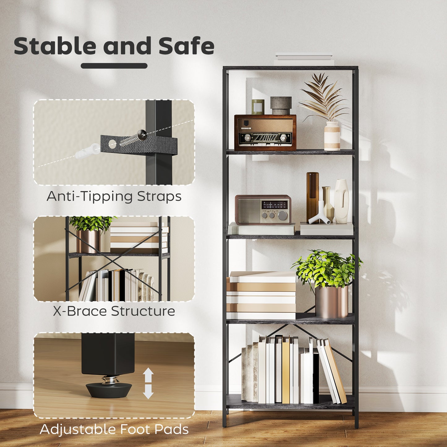 HOMCOM 5 Tier Bookshelf Industrial Bookcase With Metal Frame Black And Dark Wood Effect