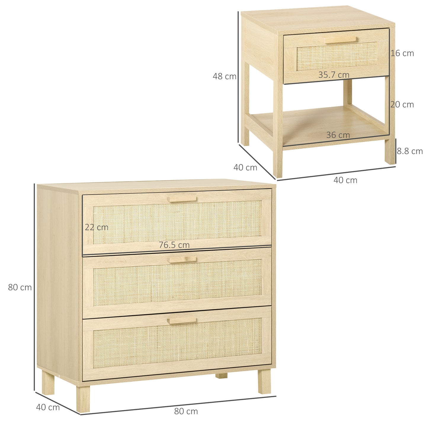 HOMCOM Chest Of Drawers And Nightstands Boho Rattan Furniture Set Natural Wood Finish