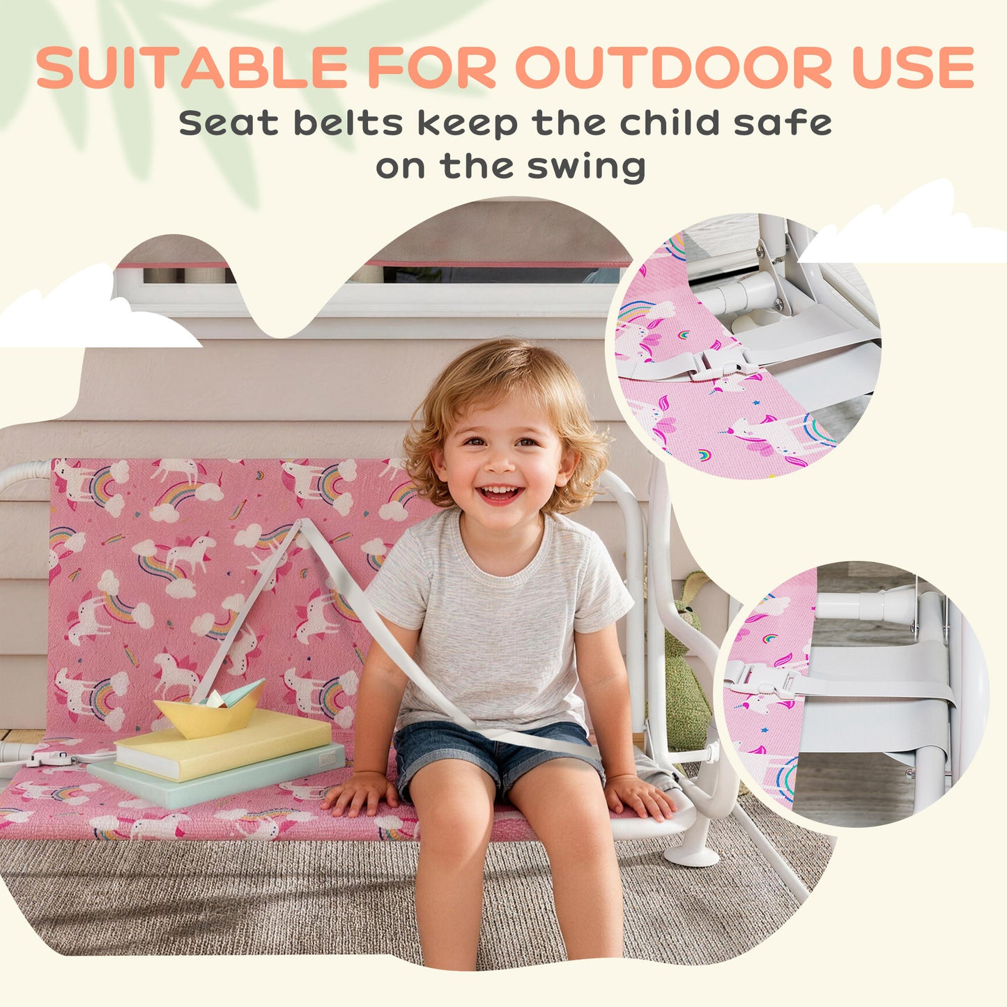 AIYAPLAY Pink 2 Seater Kids Porch Swing with Adjustable Canopy Garden Patio Hammock and Seat Belts Safari Animal Design