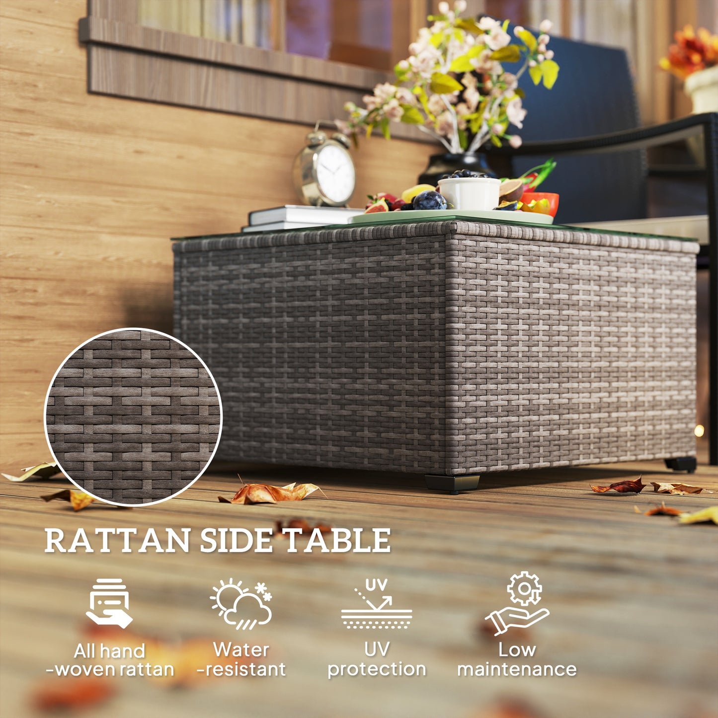Outsunny 62 X 62 Cm Glass Top Rattan Side Table Dark Grey For Garden Patio And Outdoor Living