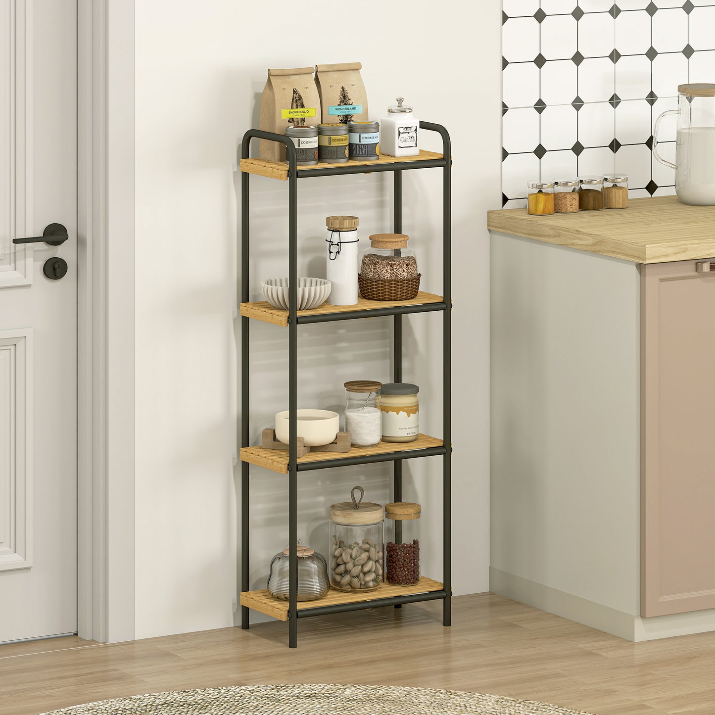 HOMCOM 4 Tier Bamboo Bathroom Storage Shelf Freestanding Narrow Shelving Unit With Slatted Shelves For Kitchen