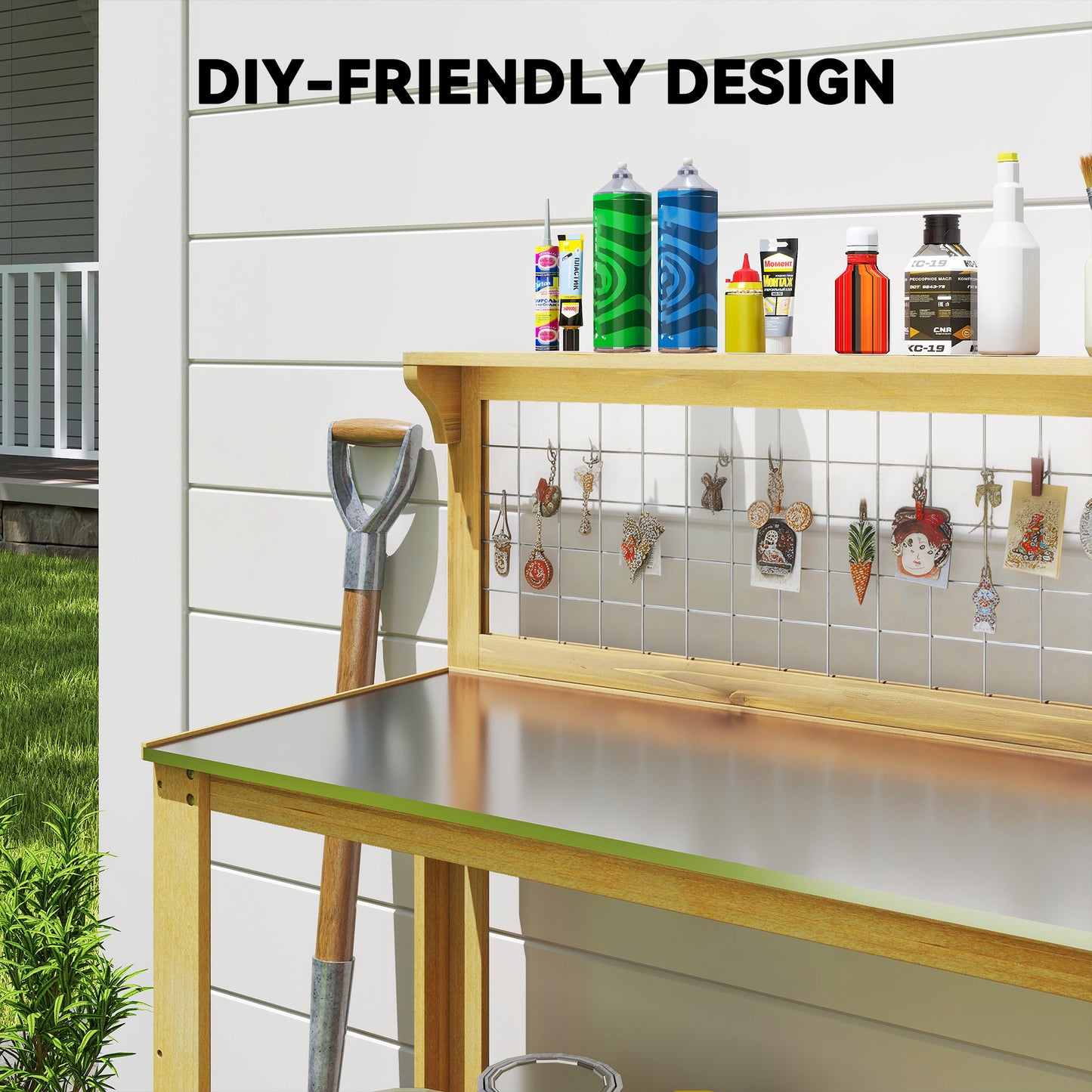 Outsunny Wooden Potting Bench Table With Aluminium Worktop Outdoor Garden Workbench Two Shelves