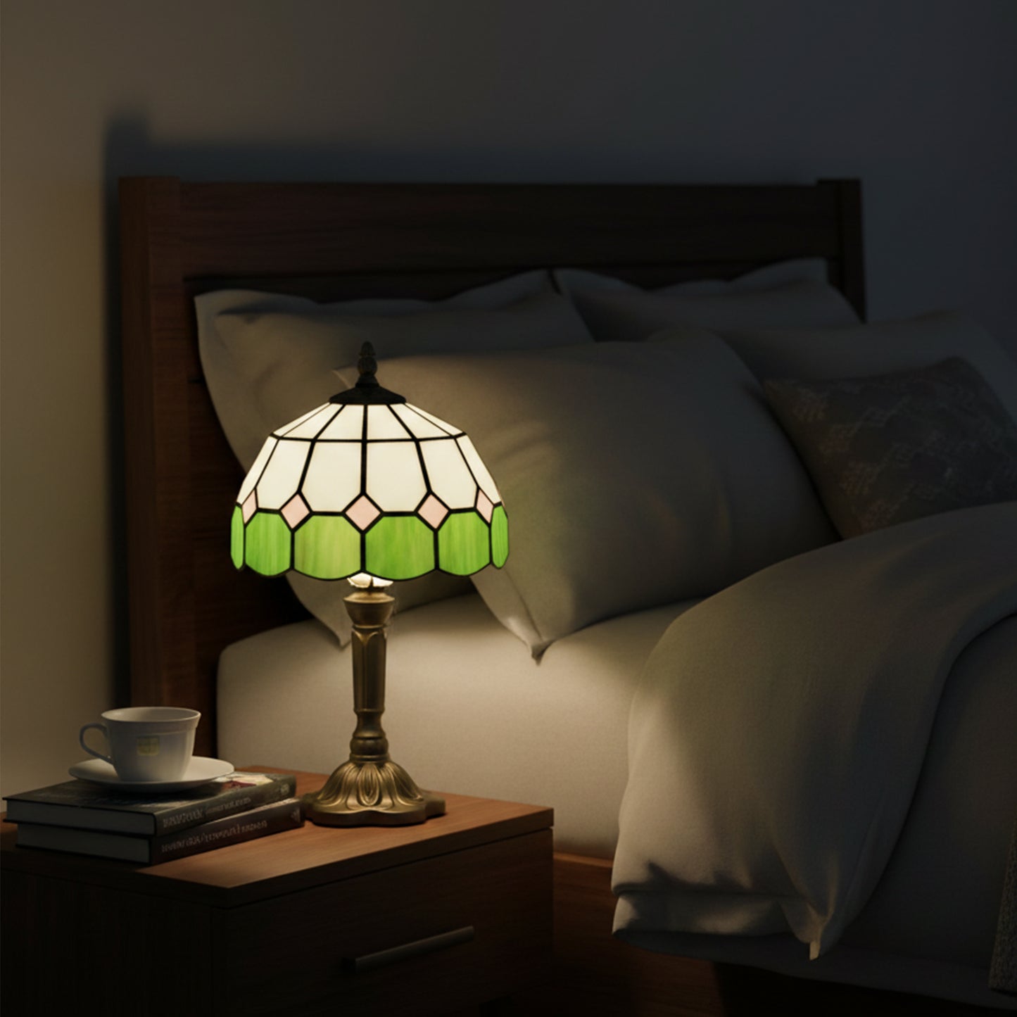 HOMCOM Handmade Art Deco Glass Table Lamp White And Green Stained Glass Shade Design