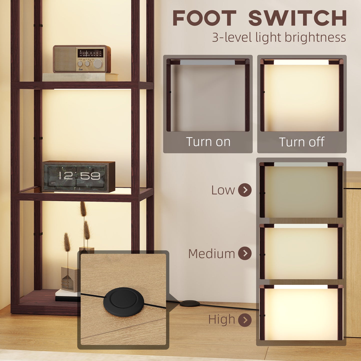 HOMCOM Four Shelf Floor Lamp With Warm White LEDs And Built In Storage And Tempered Glass Shelves Dark Brown