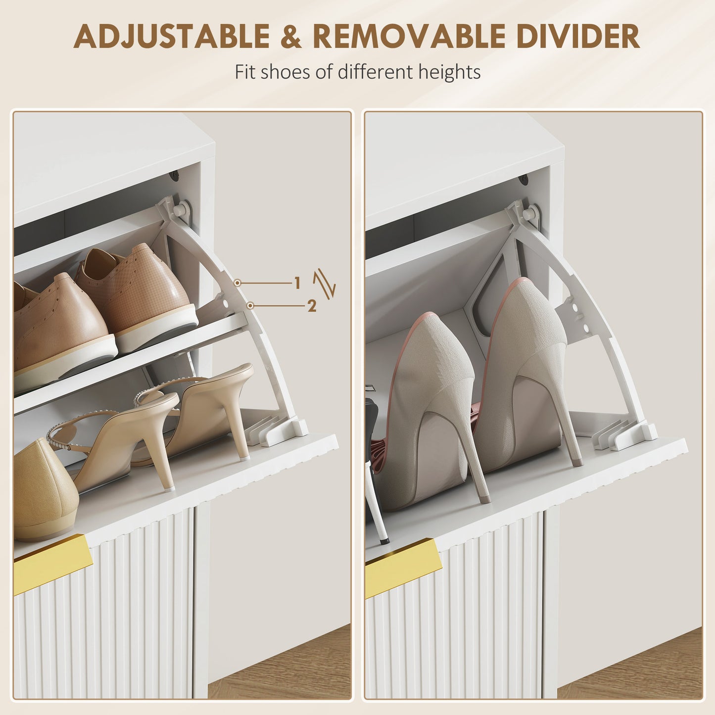 HOMCOM Elegant Two Drawer White Shoe Cabinet With Ridged Doors And Gold Accents Adjustable Shelves For 6 To 12 Pairs