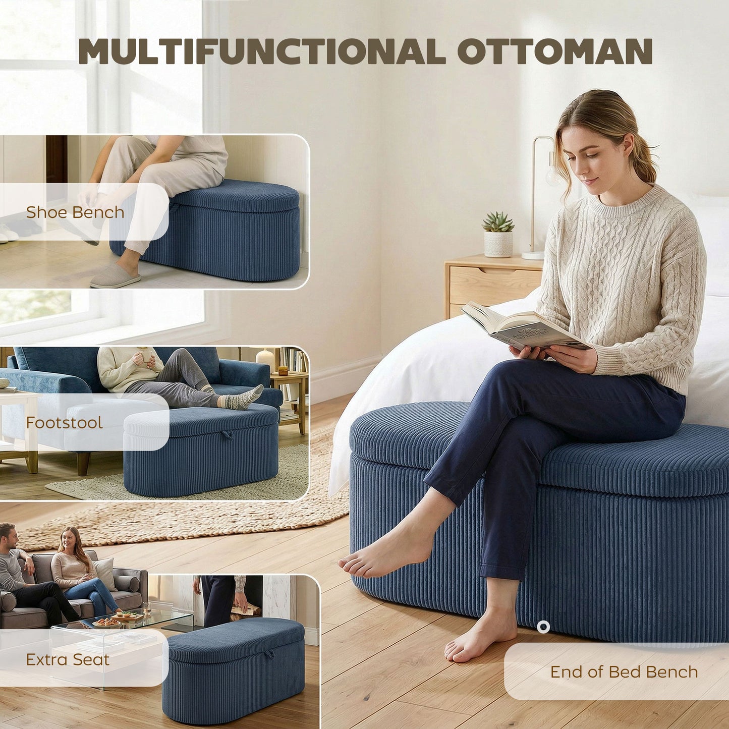 HOMCOM Corduroy Upholstered Storage Ottoman With Padded Seat 105 x 51 x 49 cm Blue