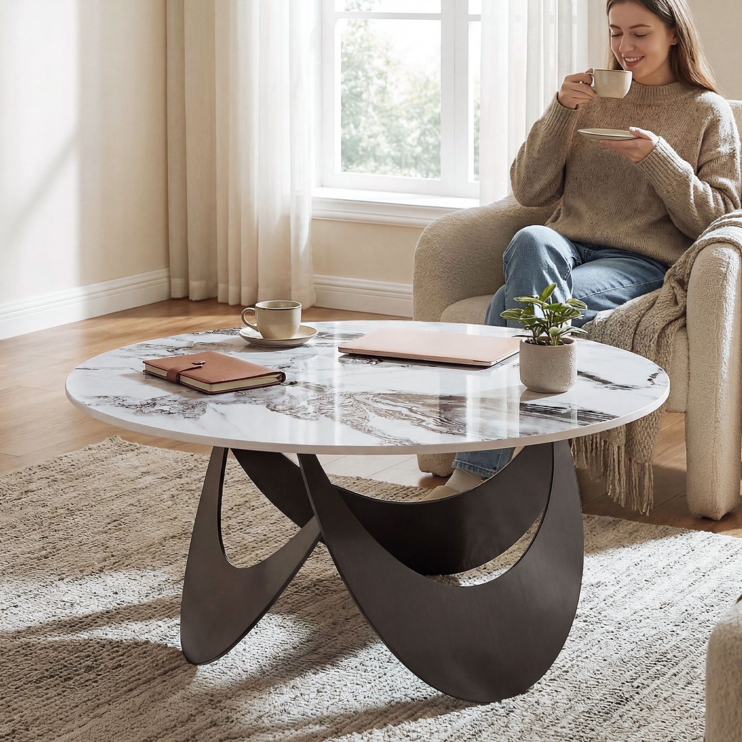 HOMCOM Sintered Stone Coffee Table With Adjustable Foot Pads Modern Centre Table For Living Room White And Black