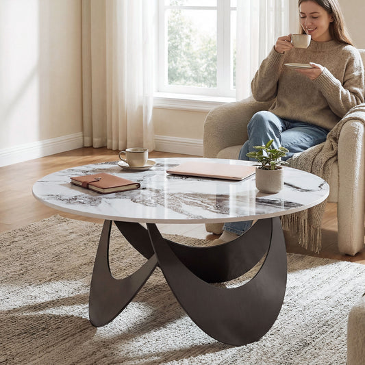 HOMCOM Sintered Stone Coffee Table With Adjustable Foot Pads Modern Centre Table For Living Room White And Black