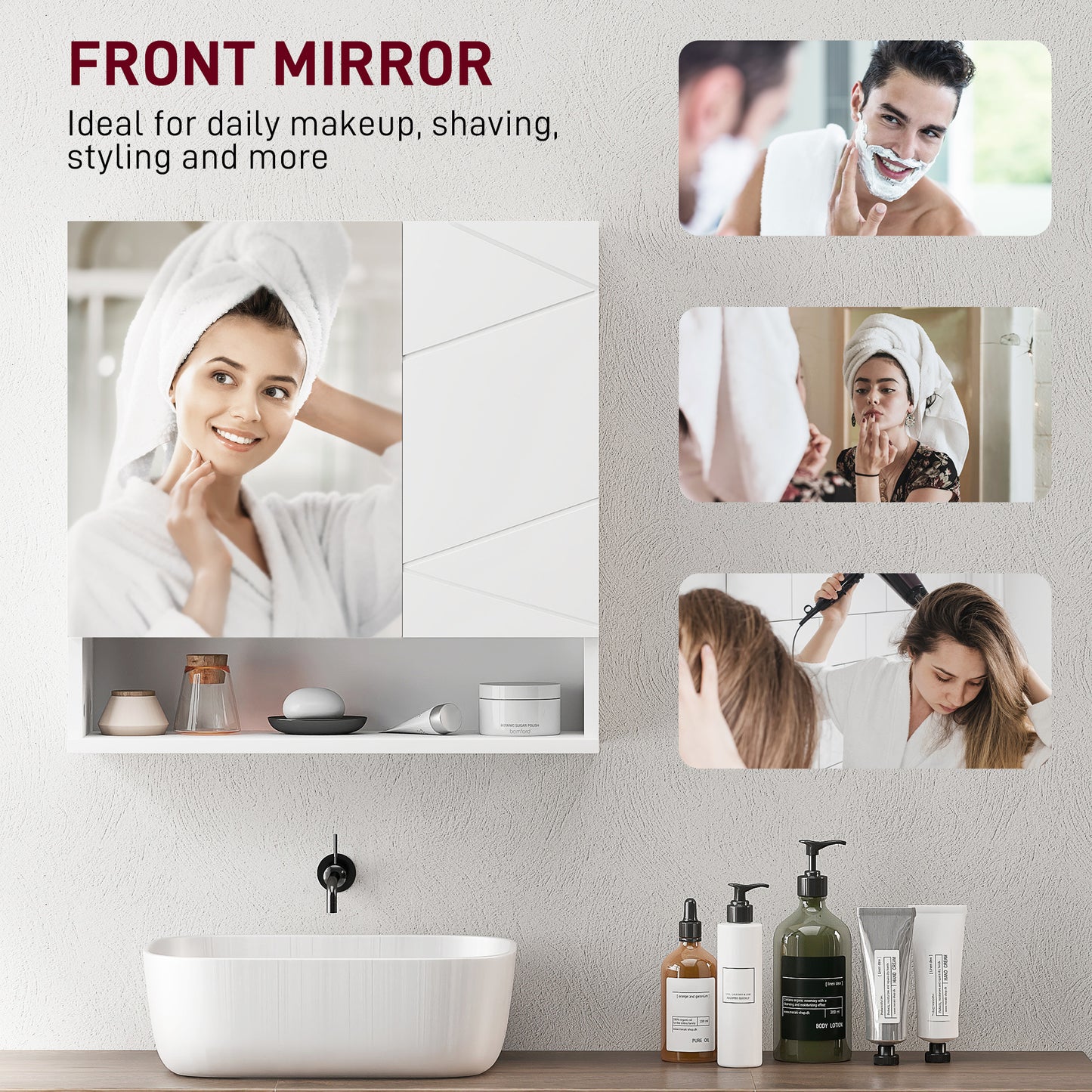 Kleankin White Wall Mounted Bathroom Storage Cupboard With Mirrored Door And Embossed Door Details