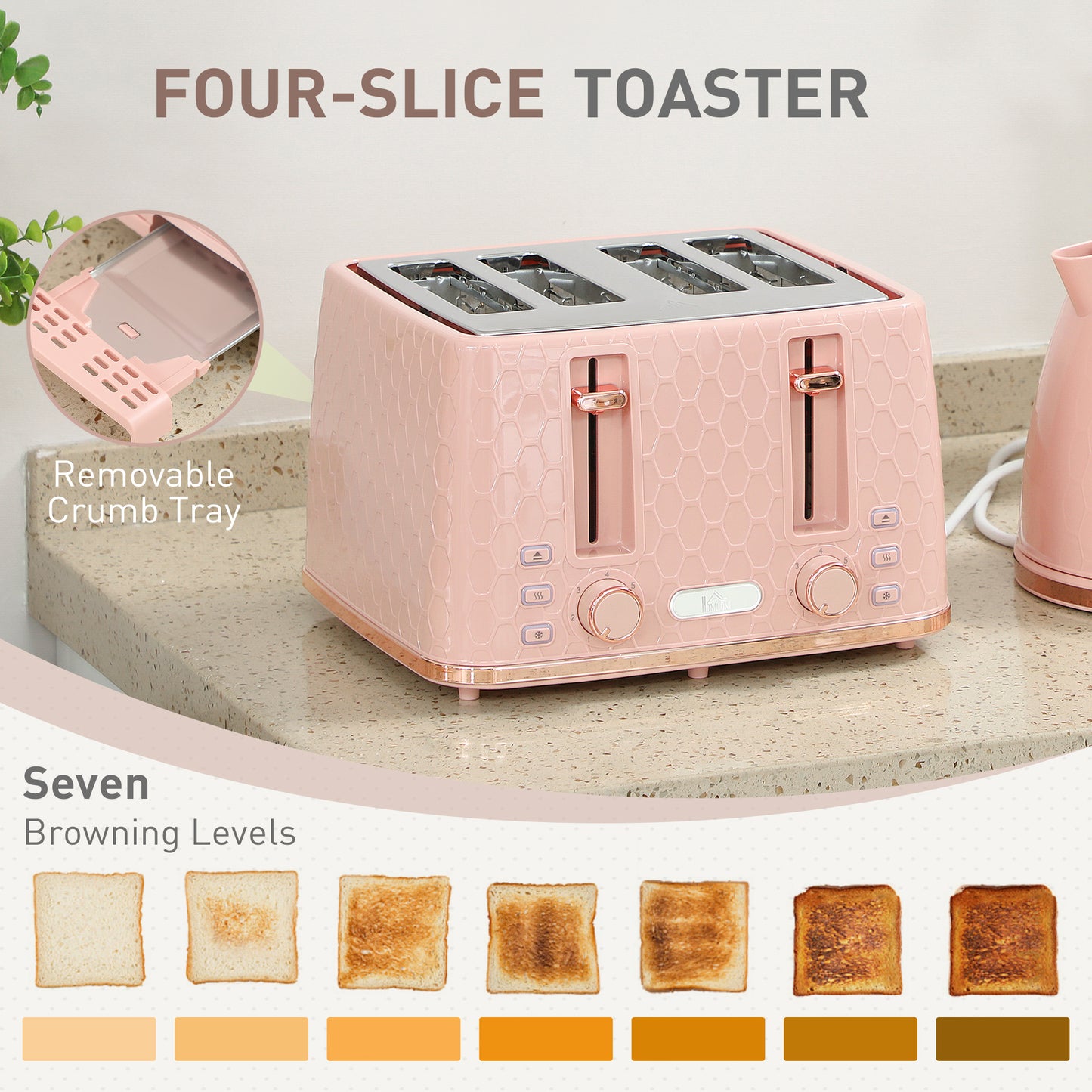 HOMCOM Kettle and Toaster Set 1.7L 3000W Fast Boil Kettle 4 Slice Toaster Honeycomb Pattern Light Pink