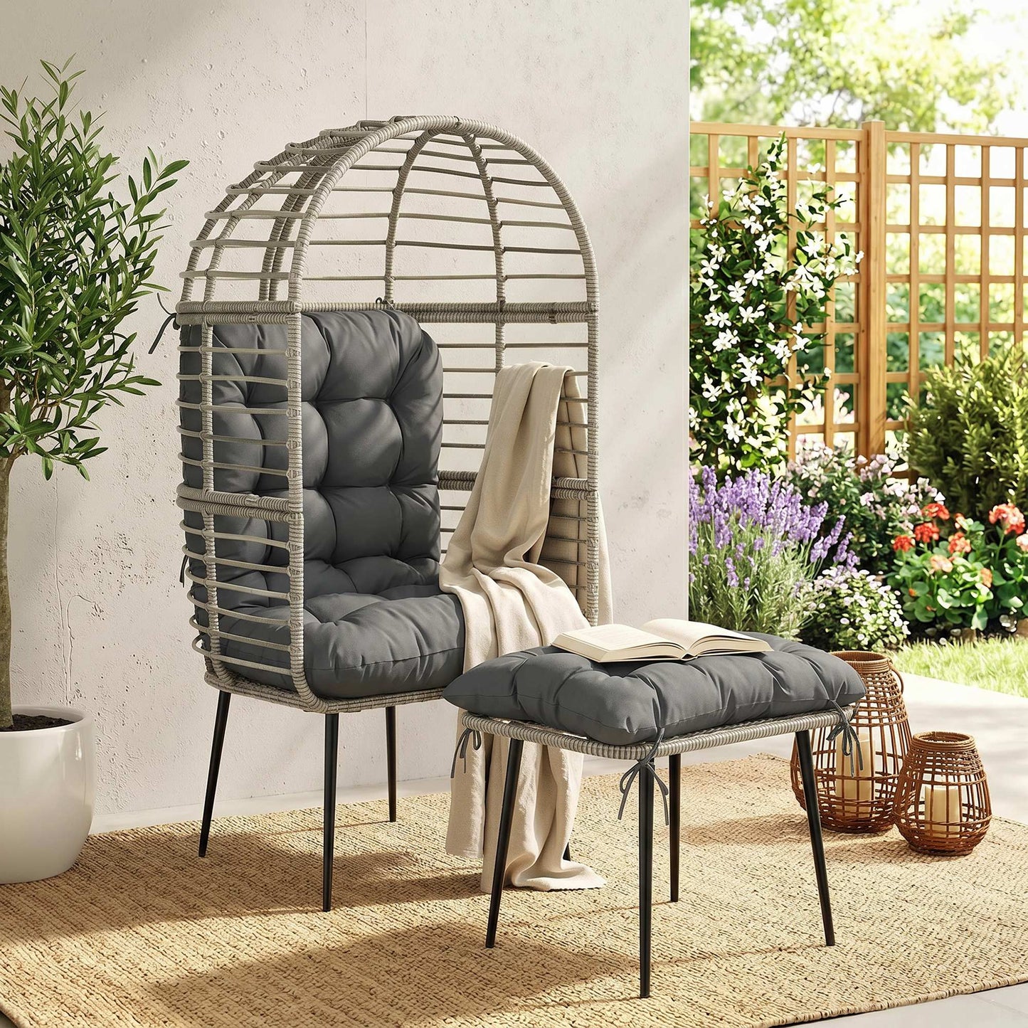 Outsunny Garden Egg Chair With Footstool Rattan Indoor Outdoor Lounge Chair And Ottoman Set Thick Cushions Light Grey