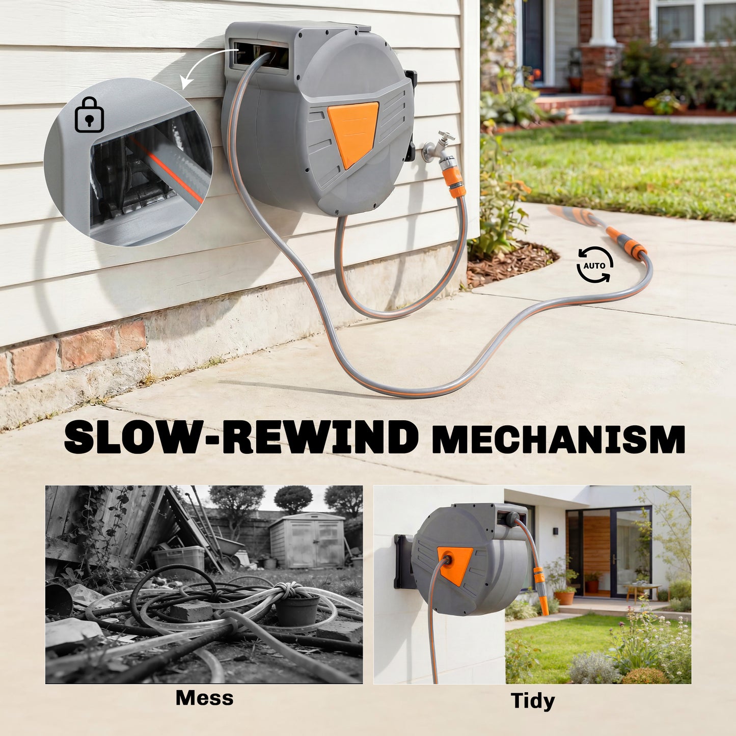 Outsunny Retractable Hose Reel Wall Mounted 40 Plus 2m Garden Hose Pipe Reel With Auto Retraction Self Locking Orange