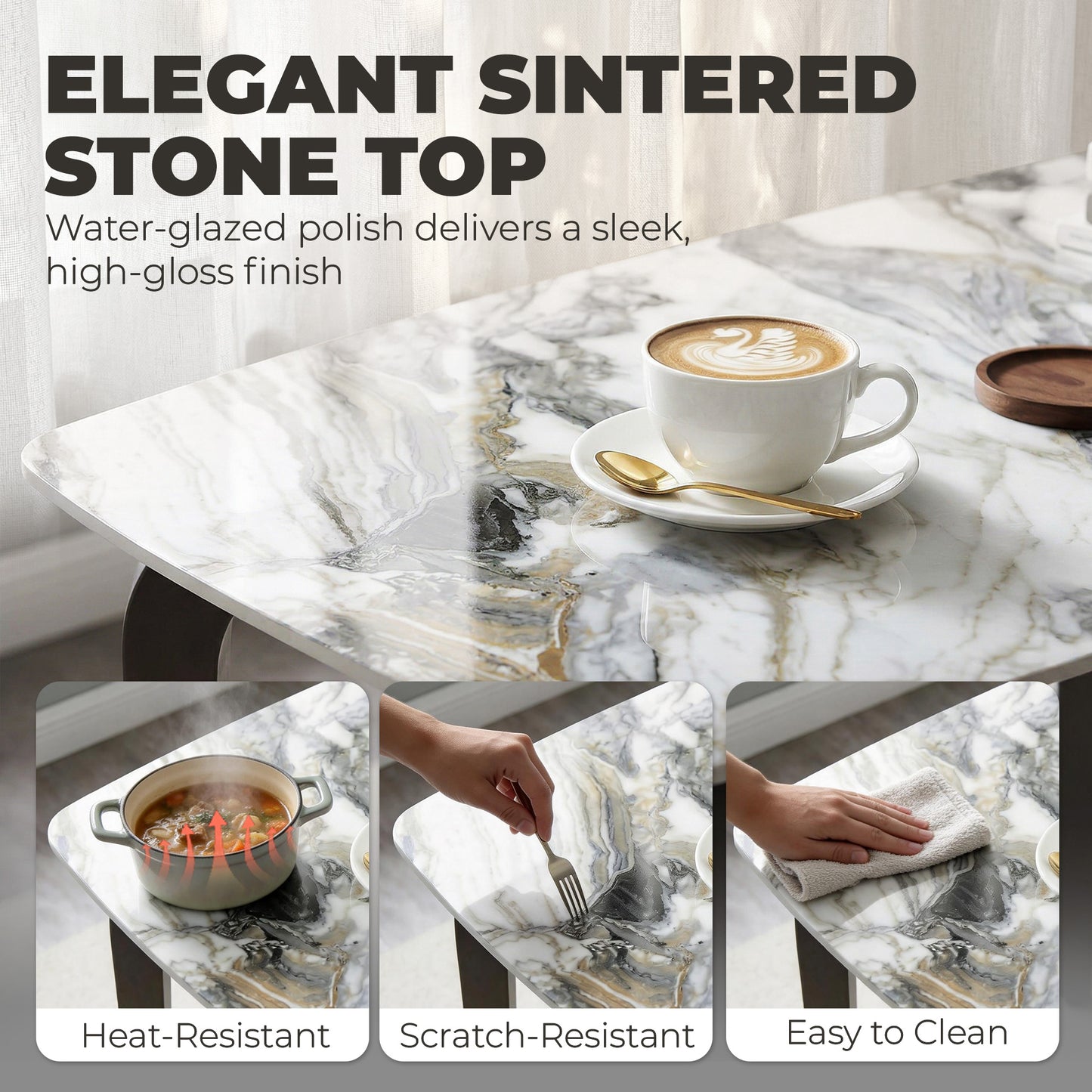 HOMCOM 4 Seat Dining Table With Sintered Stone Top And Heat Resistant Metal Legs White Modern Kitchen Table