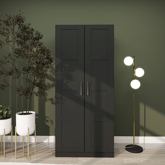 HOMCOM Double Panel Door Wardrobe With Shelves In Black 76cm Hanging Rail And Soft Closing Hinges