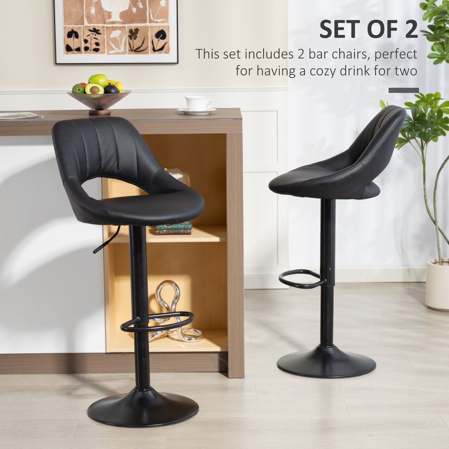 HOMCOM Set Of Two Faux Leather Bar Stools Black Adjustable Height 87 To 109 Cm Swivel 360 Degree For Kitchen Counter