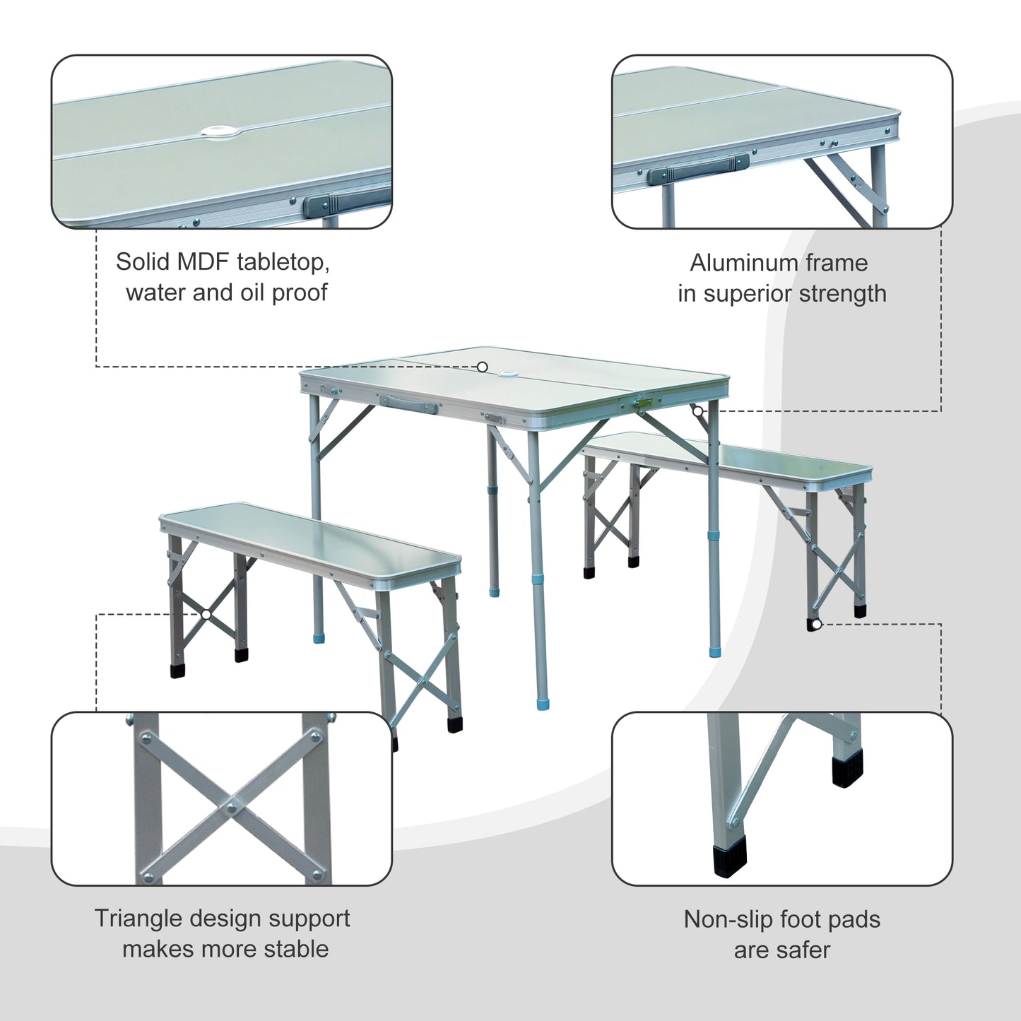 Outsunny Portable 3-Piece Folding Picnic Table and Bench Set for Outdoor Use - Lightweight Aluminum with Umbrella Hole - ALL4U RETAILER LTD