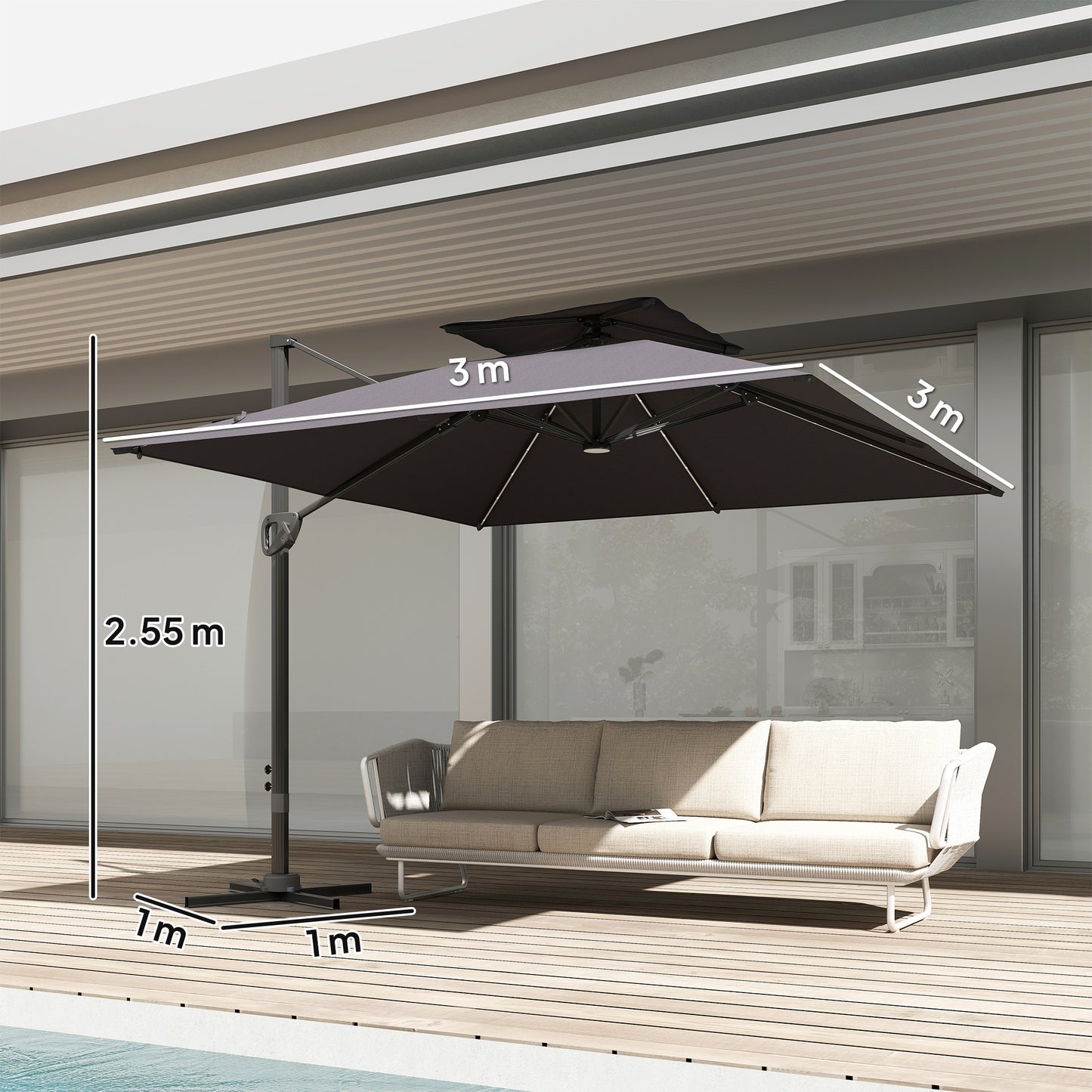 Outsunny Cantilever Parasol With Solar LED Lights Crank Tilt Aluminium Square Patio Umbrella Cross Base UPF50 Grey