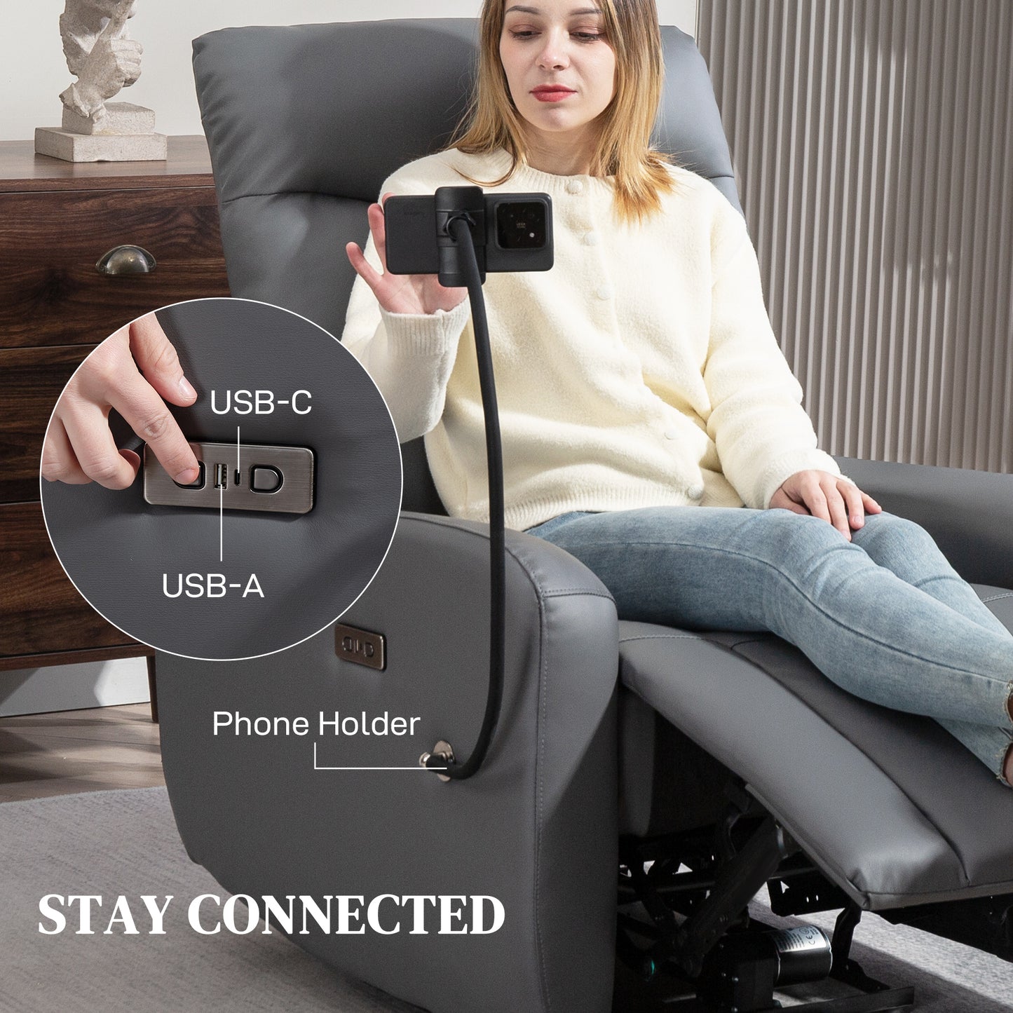 HOMCOM Electric Recliner With USB And Type C Ports, Phone Holder, PU Leather, Adjustable Leg Rest, Grey For Living Room