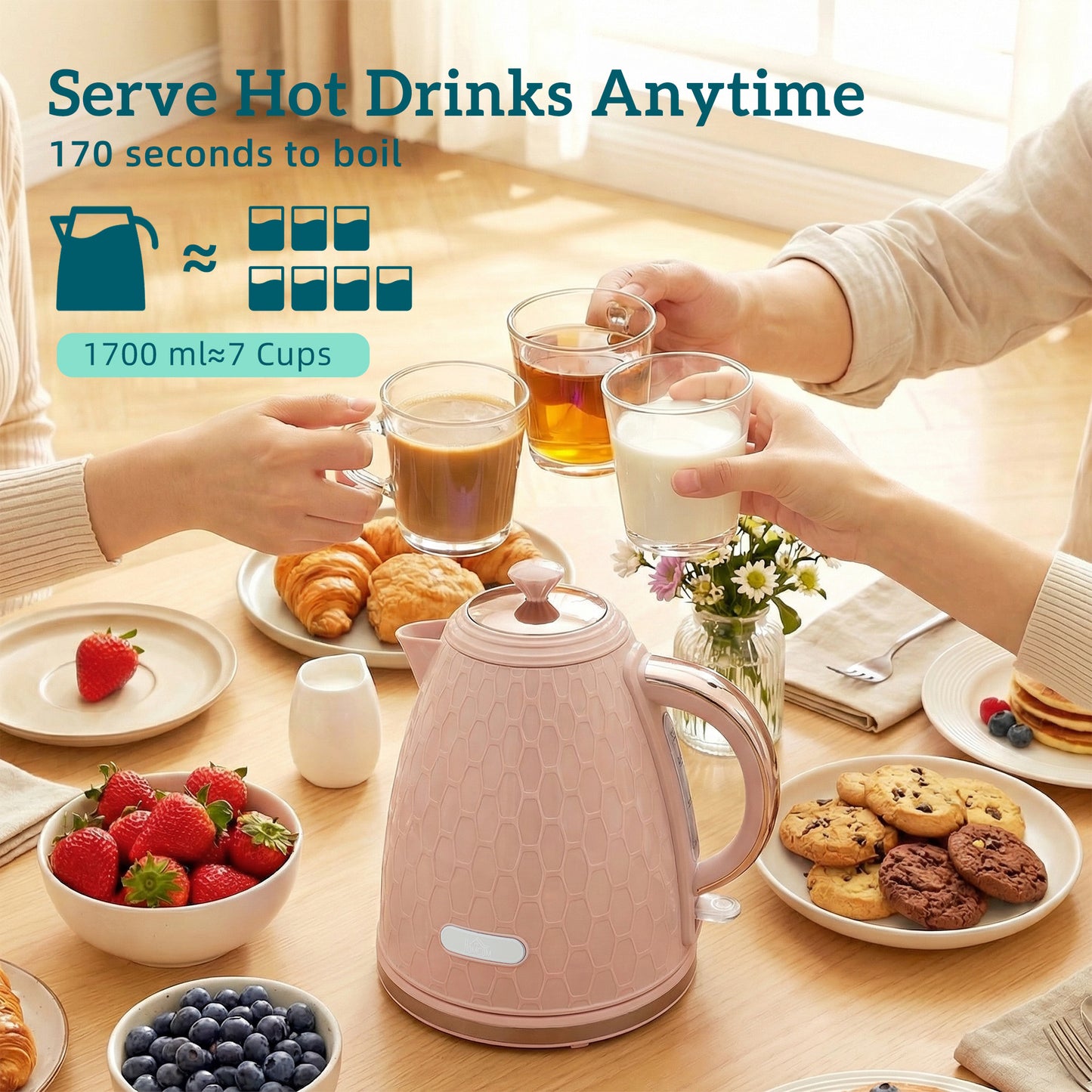 HOMCOM 1.7L 3000W Fast Boil Kettle And 2 Slice Toaster Set With Auto Shut Off Browning Controls Honeycomb Light Pink