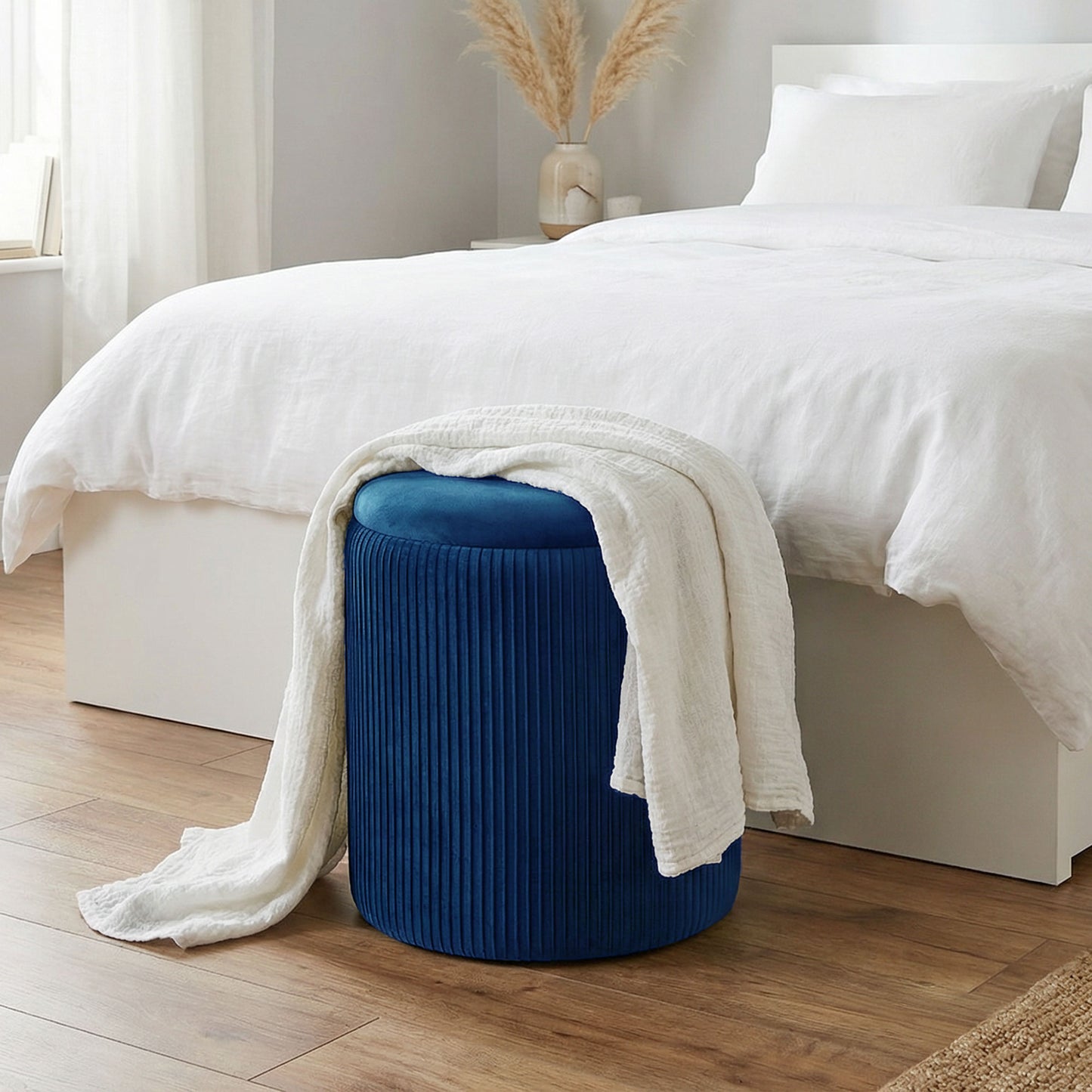HOMCOM Velvet Round Storage Ottoman Footstool 45 cm Blue With Hidden 39.2 L Storage For Living Room Or Bedroom