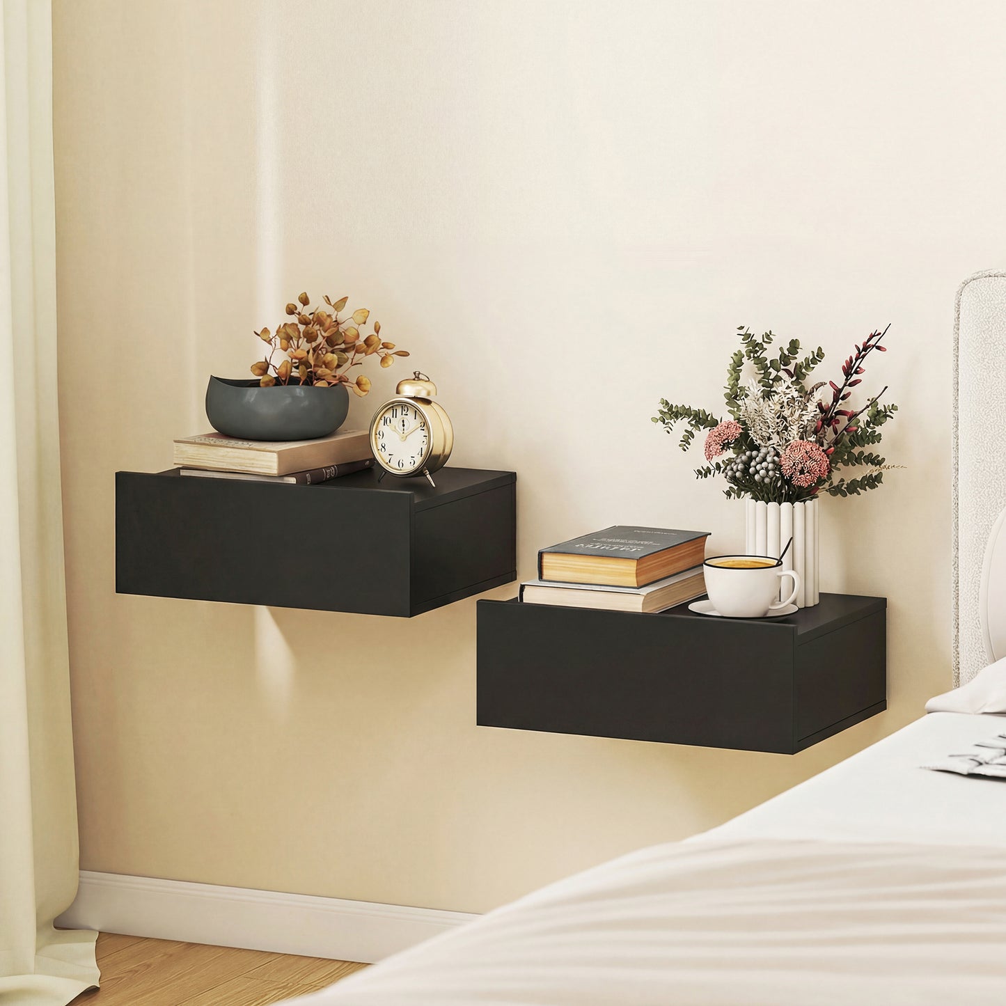 HOMCOM Floating Wall Mounted Bedside Tables Set of 2 with Storage Drawers in Black for Bedroom