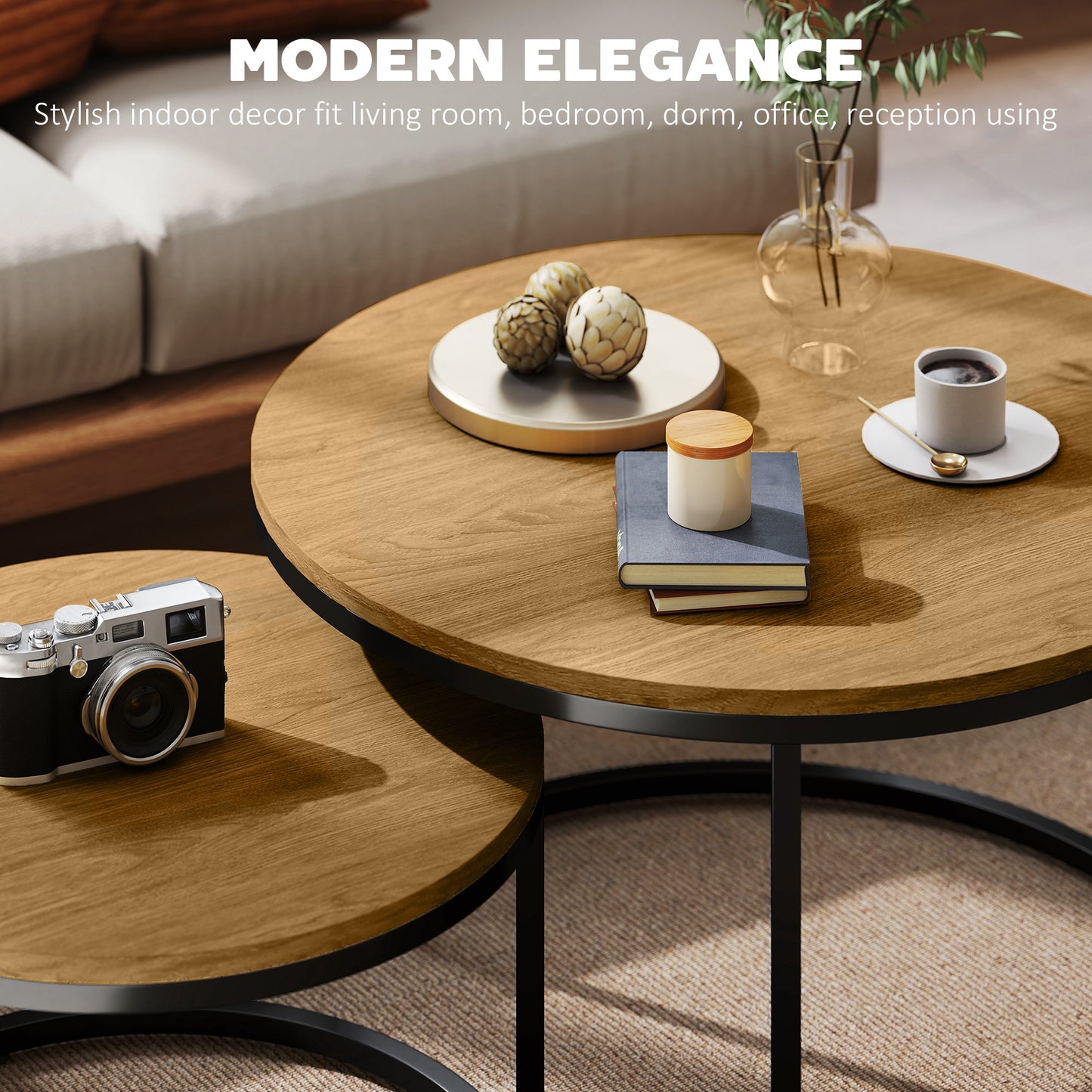 HOMCOM Set Of Two Wood Effect Stacking Tables Brown With Steel Base Small And Large For Compact Overlap Storage