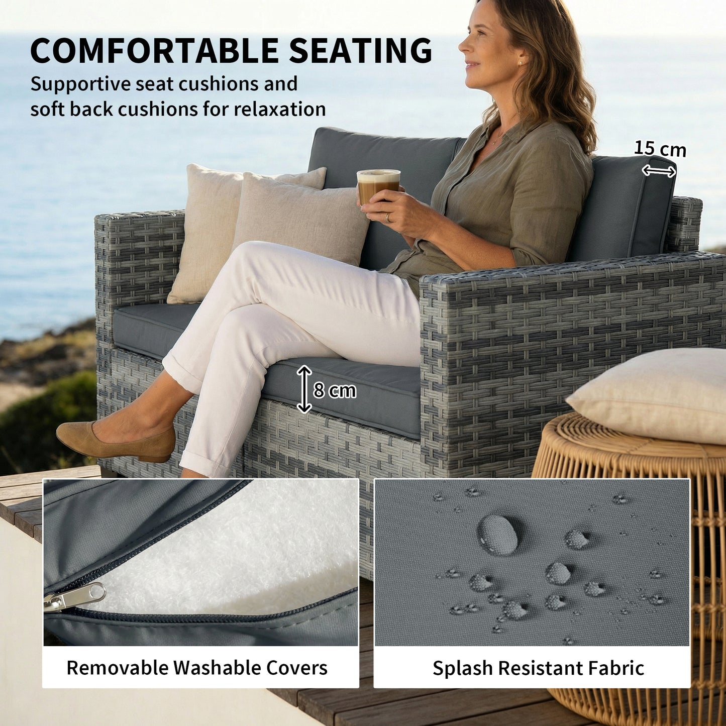 Outsunny 2 Seater Rattan Sofa Outdoor Garden With Deep Seat Cushions And Wide Armrests For Patio Balcony Porch