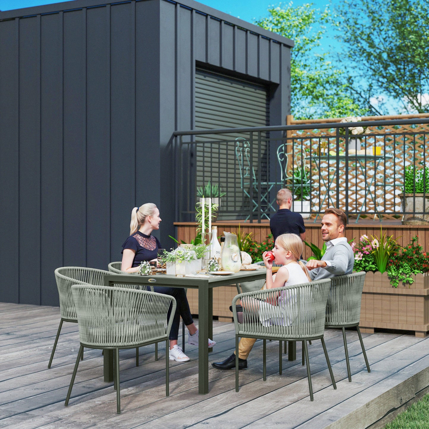 Outsunny Rattan Dining Set 6 Seater With Acacia Wood Table And 6 Chairs With Washable Seat Cushions For Outdoor