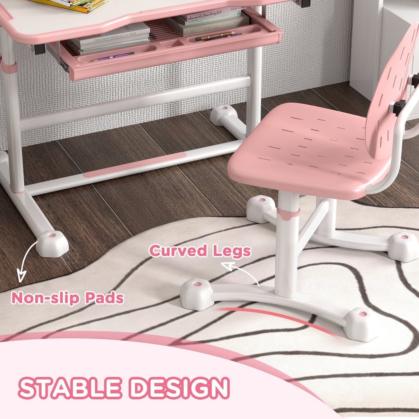 Adjustable Pink Kids Study Desk and Chair Set with Tilted Top for Healthy Posture