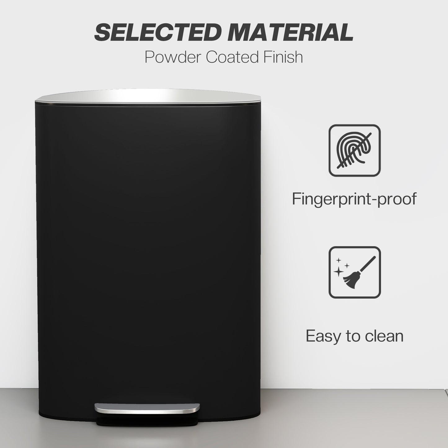 HOMCOM 50L Stainless Steel Kitchen Bin With Soft Close Lid Stay Open Pedal Bin Removable Inner Bucket Carry Handle Black
