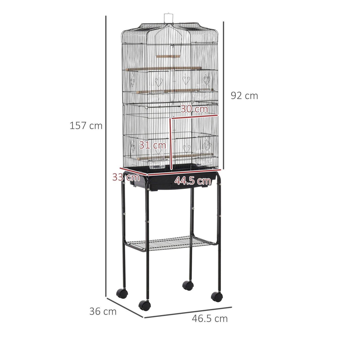 PawHut Black Bird Cage with Stand and Accessories, 36 x 46.5 x 157 cm - ALL4U RETAILER LTD