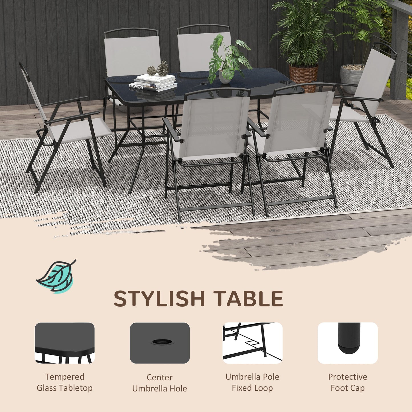 Outsunny 7-Piece Grey Outdoor Metal Dining Set with Folding Chairs and Tempered Glass Table for 6 - ALL4U RETAILER LTD