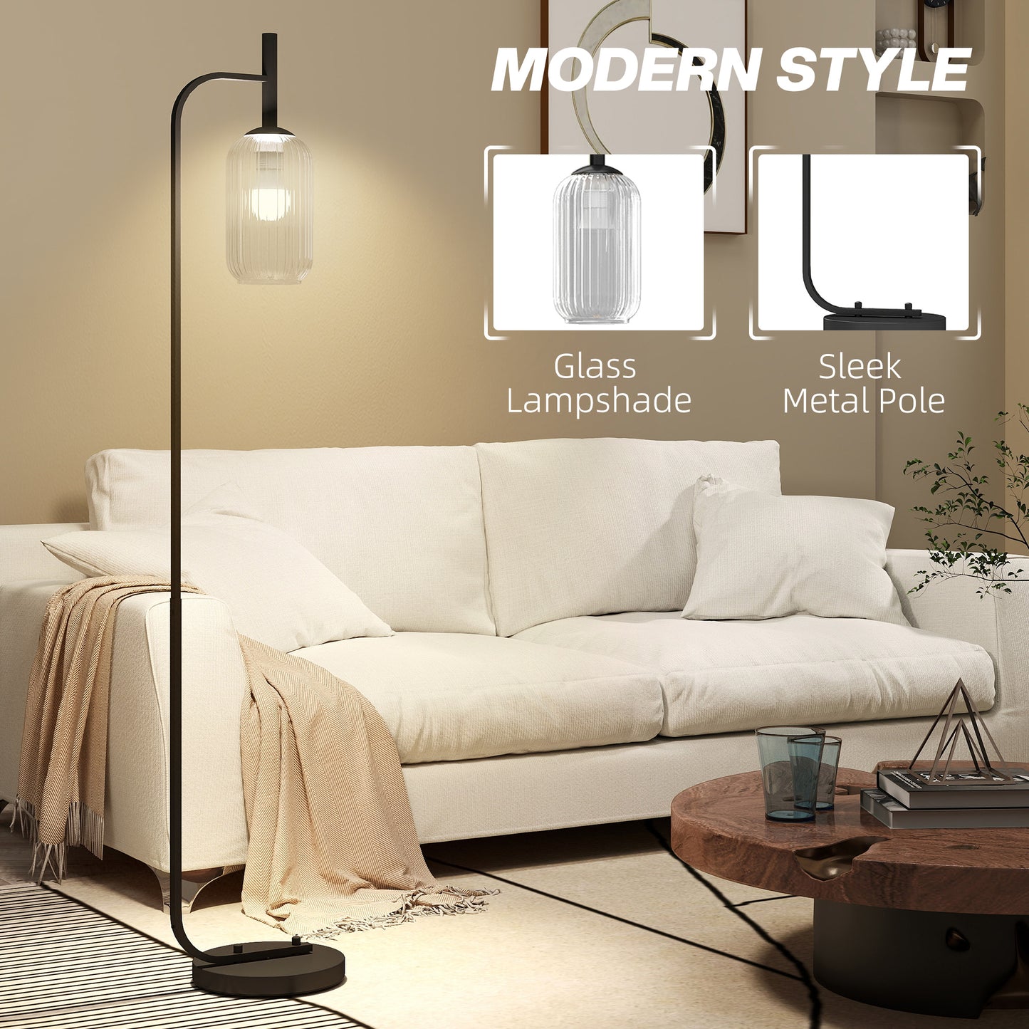 HOMCOM Floor Lamp Glass Shade Modern Standing Lamp With Foot Switch Black Bulb Not Included For Living Room Or Bedroom