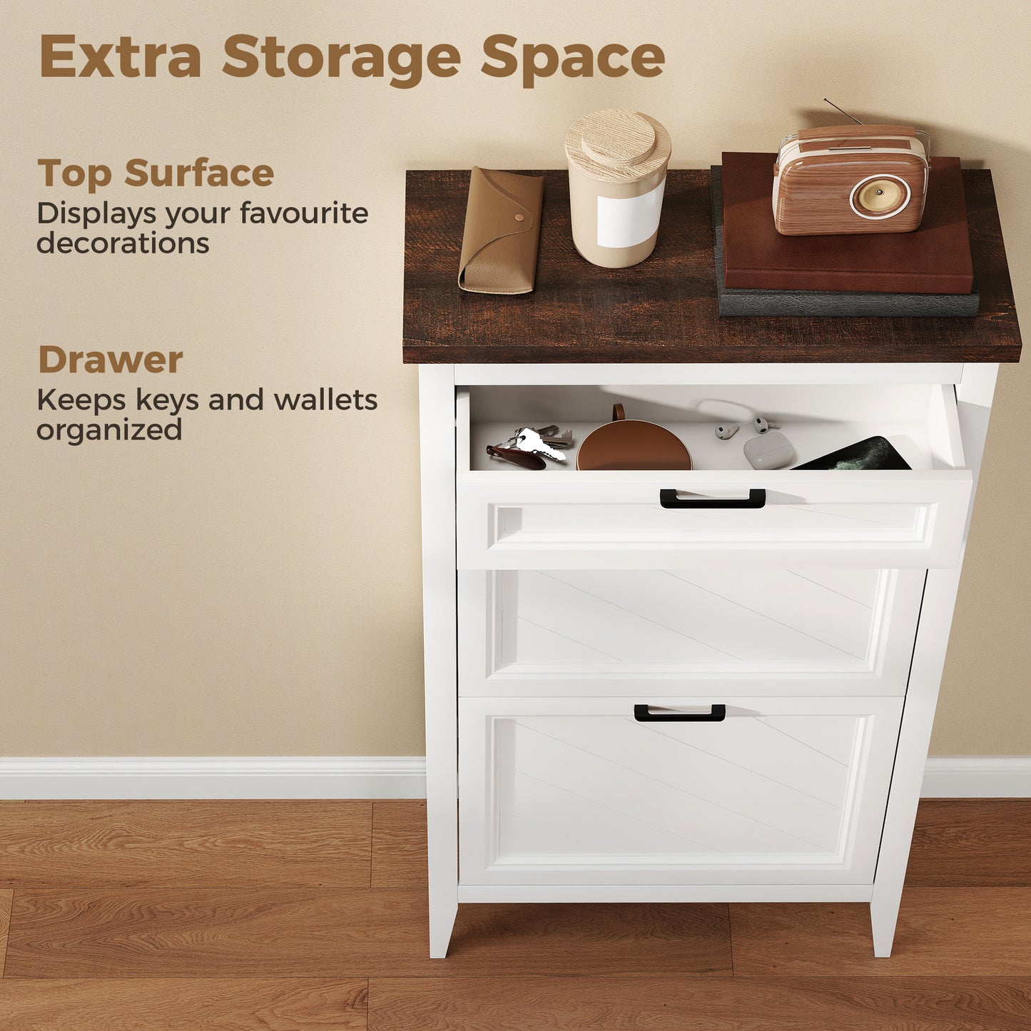 Homcom White Farmhouse Narrow Shoe Cabinet With Two Flip Drawers And Adjustable Shelves For 8 To 12 Pairs