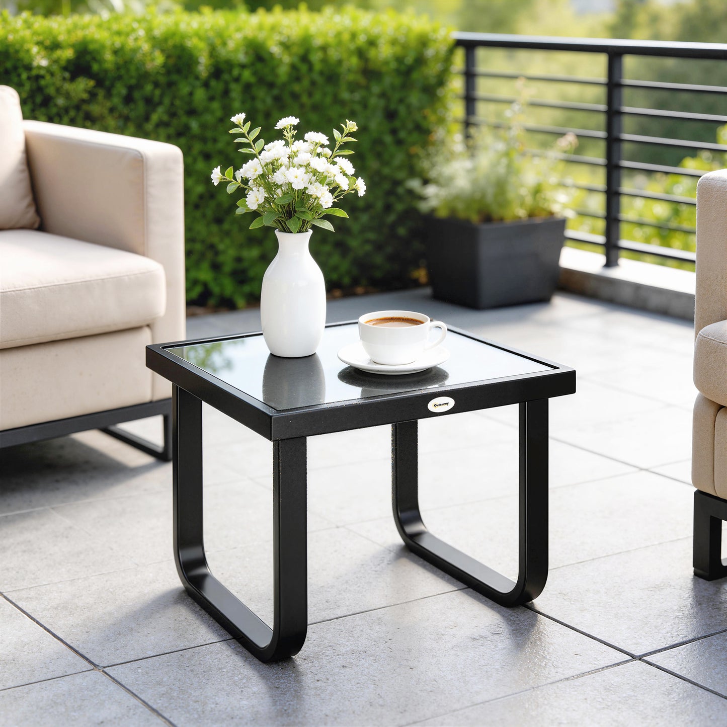 Outsunny Outdoor Garden Coffee Table With Rectangular Tempered Glass Top And Adjustable Foot Pads