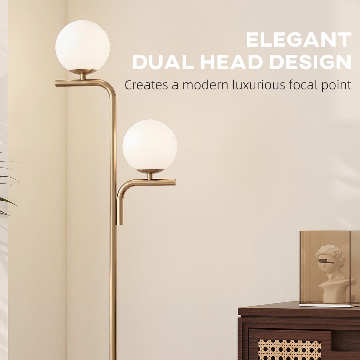 HOMCOM LED Floor Lamp Three Colour Temperatures Modern Standing Lamp With Globe Glass Shades And Foot Switch Gold Tone