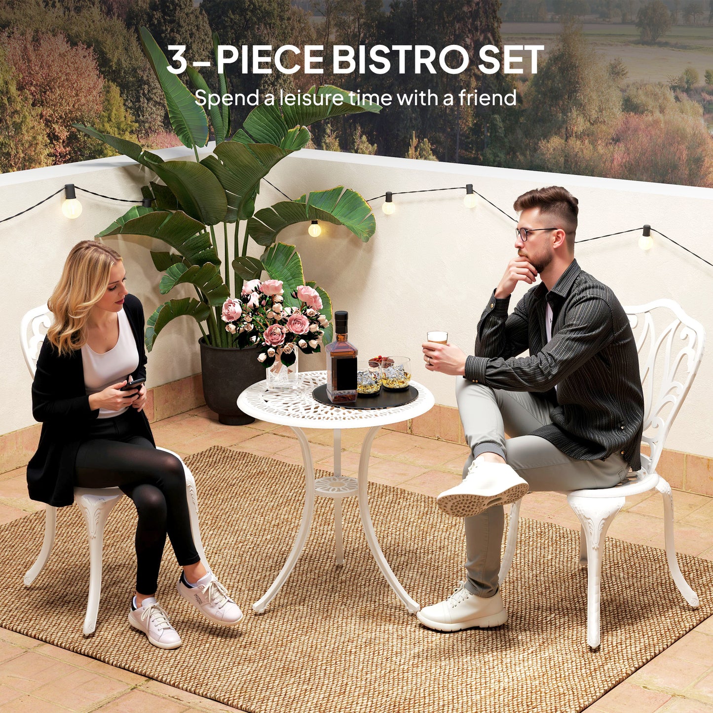 Outsunny 3 Piece Garden Bistro Set Cast Aluminium Outdoor Furniture With Umbrella Hole For Balcony Porch Patio White