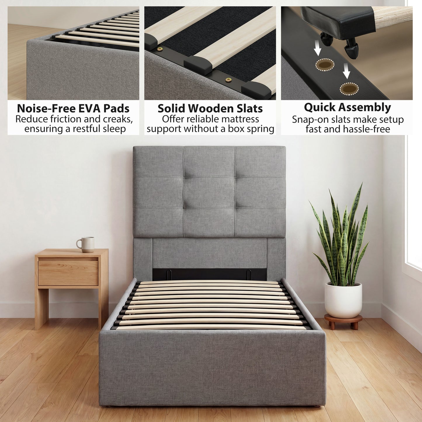 HOMCOM 3Ft Single Ottoman Bed With Gas Lift Storage Grey Upholstered Bed Frame For Small Rooms