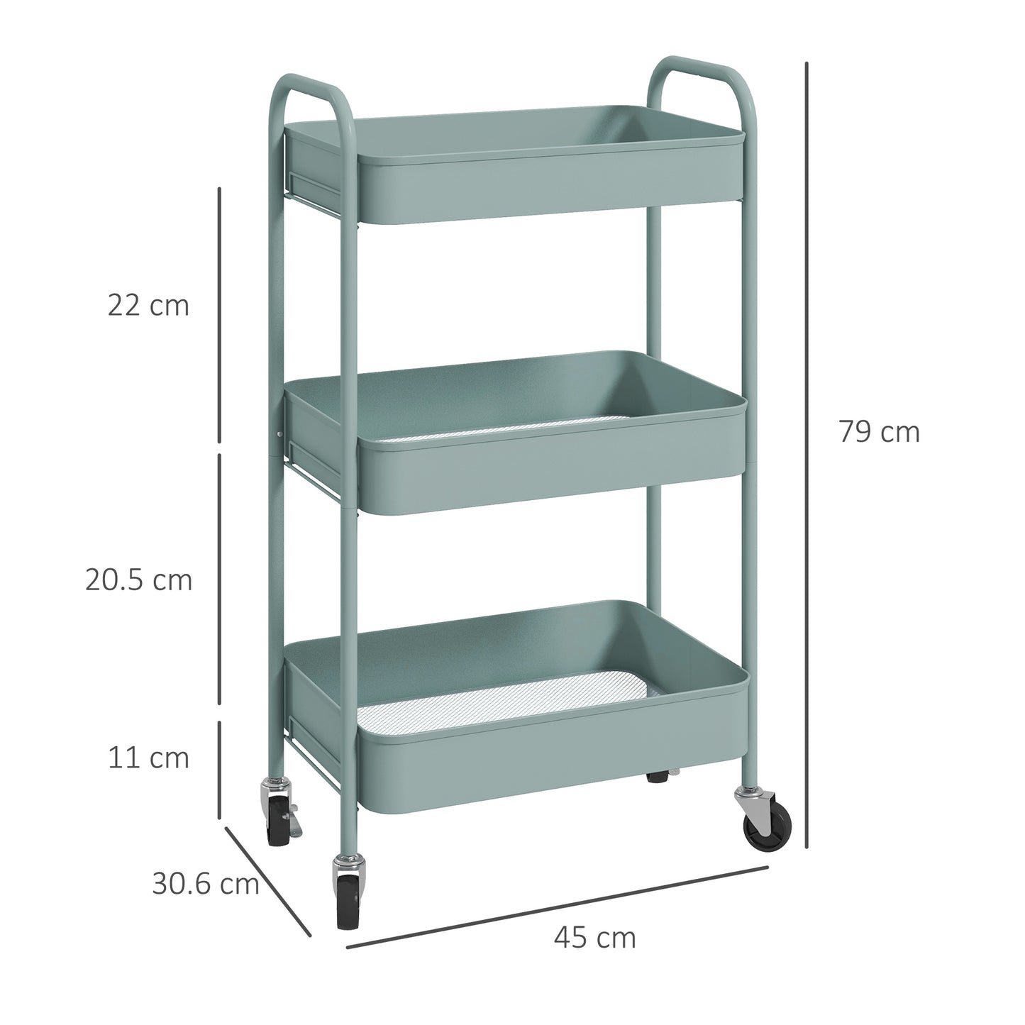 HOMCOM Three Tier Steel Storage Trolley Light Blue Rolling Cart With Small Medium And Large Baskets