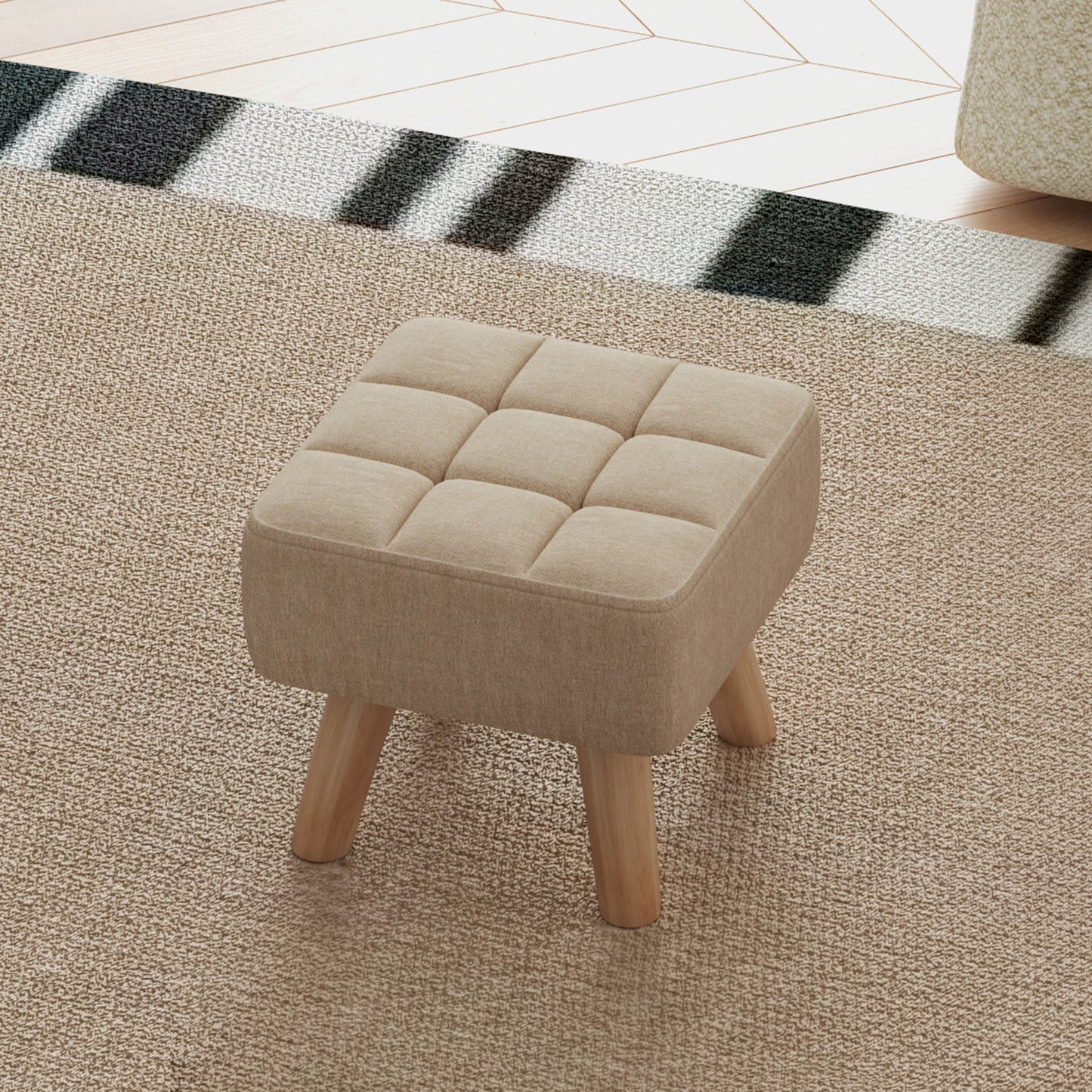 HOMCOM Linen Look Square Padded Footstool Brown With Tufted Top And Wooden Legs For Stability